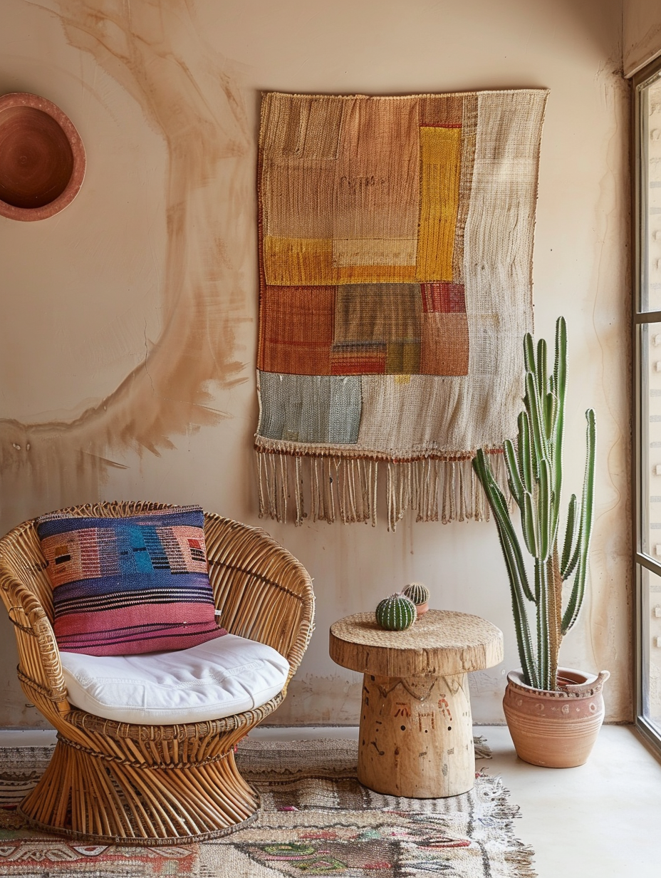 Living room. Rattan armchair next to antique Moroccan side table bearing a cacti arrangement, in front of a minimalist chestnut round frame containing colorful bohemian-style textile wall piece hung on beige-painted wall.