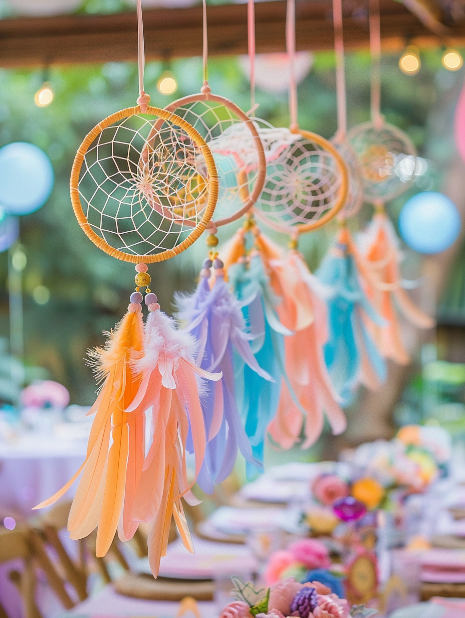 Boho themed party design. Pastel-colored dream catchers hanging from ceiling.