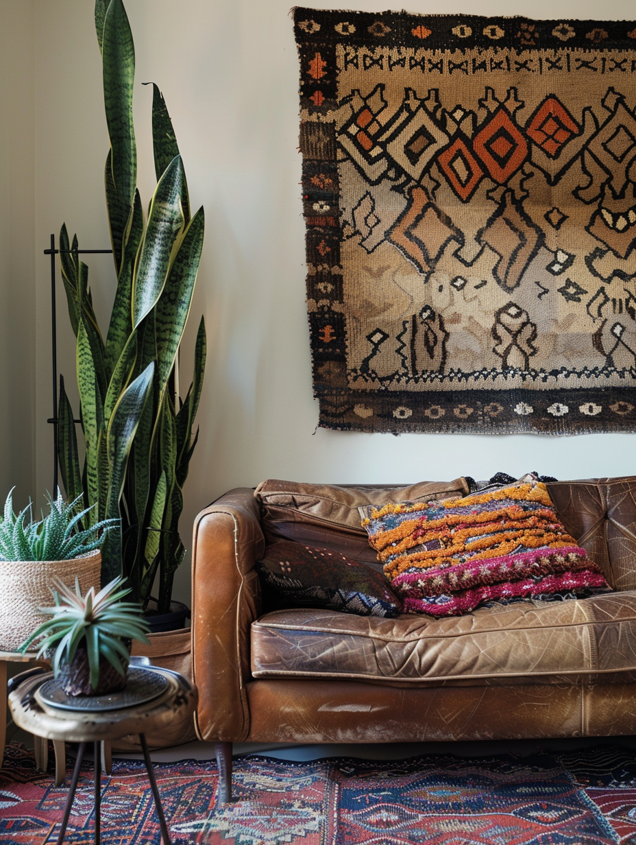 Living room. Vintage Moroccan rug, potted snake plant, and a patchwork tapestry wall-hanging in earthy tones.