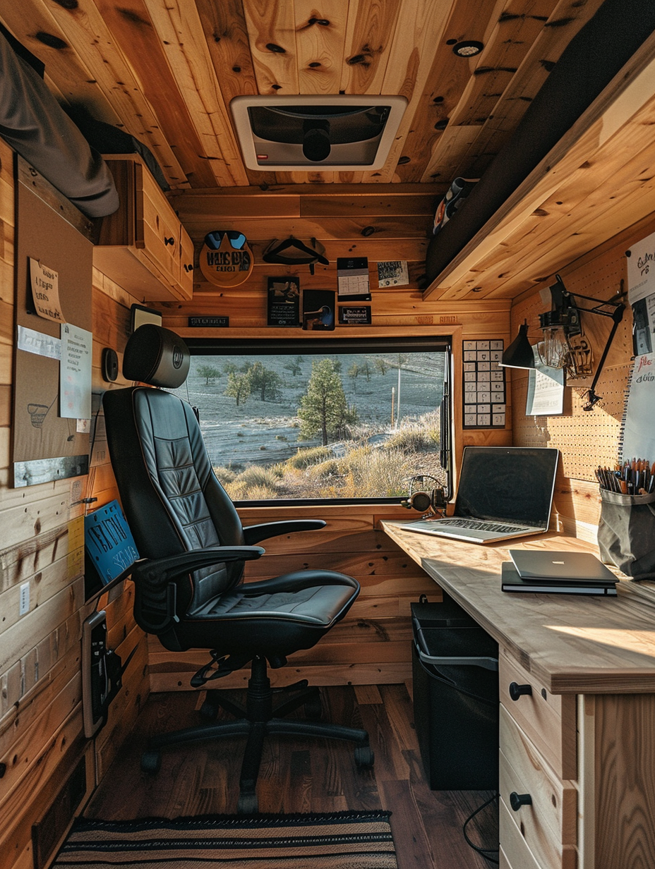 Interior of a remote-working RV. A wood-paneled loft office space with a panorama window, laminated notice board, and a visibly plush ergonomic chair.