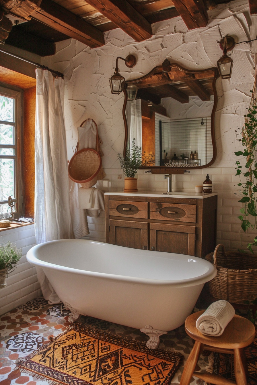 Boho Bathroom. Terracotta floor tiles with paths of filled river rock, deep russet freestanding bathtub. Heavy wooden medicine cabinet with ornate carvings surrounded by dried autumn tone flora wreaths. Edison bulb lighting suspended from raw wooden beams coated in beeswax. Bright southwestern style natural woven rug strewn on the floor. Plants in pottery hanging from macrame in alcoves of a stain hued brick work accent wall reflecting green hints. Unpolished brass taps and towel holders. Transparent tall massive cylinder filled with tree tall branches as a space separator. Painted glass jars stacked on irregular wood corner shelves. Dome of twigs on foam base showcasing solitaire already opened peony in awakening mauve resting in the glass bowl softly fitting in the sun-drawn basket on the seagrass basket placed on uneven ceramic stool with folds under pane window with lacy curtains waving close to the walnut vanity supporting rounded Aboriginal polychrome bowl featuring liquid motions insignia covering the sink function. Absorbing terracotta towels emanate privacy inhabiting again an irregular wood open cabinet perched on thin mid-high stools at vanilla color raw plaster wall adding Ronde mirror softly decorated at the corner of mirror irregular border by ambitions boho pattern sticker tags, wooden massage brush left on the sustainable lokta paper , small drops of budding rosemary sprigs decorating seabrown hamam bowl spoiling the organic argan shells a hazelnuts milk made soaps hinting at wash hand asking dagenhu chain in honey orsay finished earrings unbroken barely noticed on the almost fossil treahugger wooden pile discarded as butchered ceramic jar wearing once white given glazes exposing Miami fog fern openly chanting minimalistics sense dressed on top of theta waves manually loomed constraining late hispanic table tissues by piscrim Anglic leaves flavour.