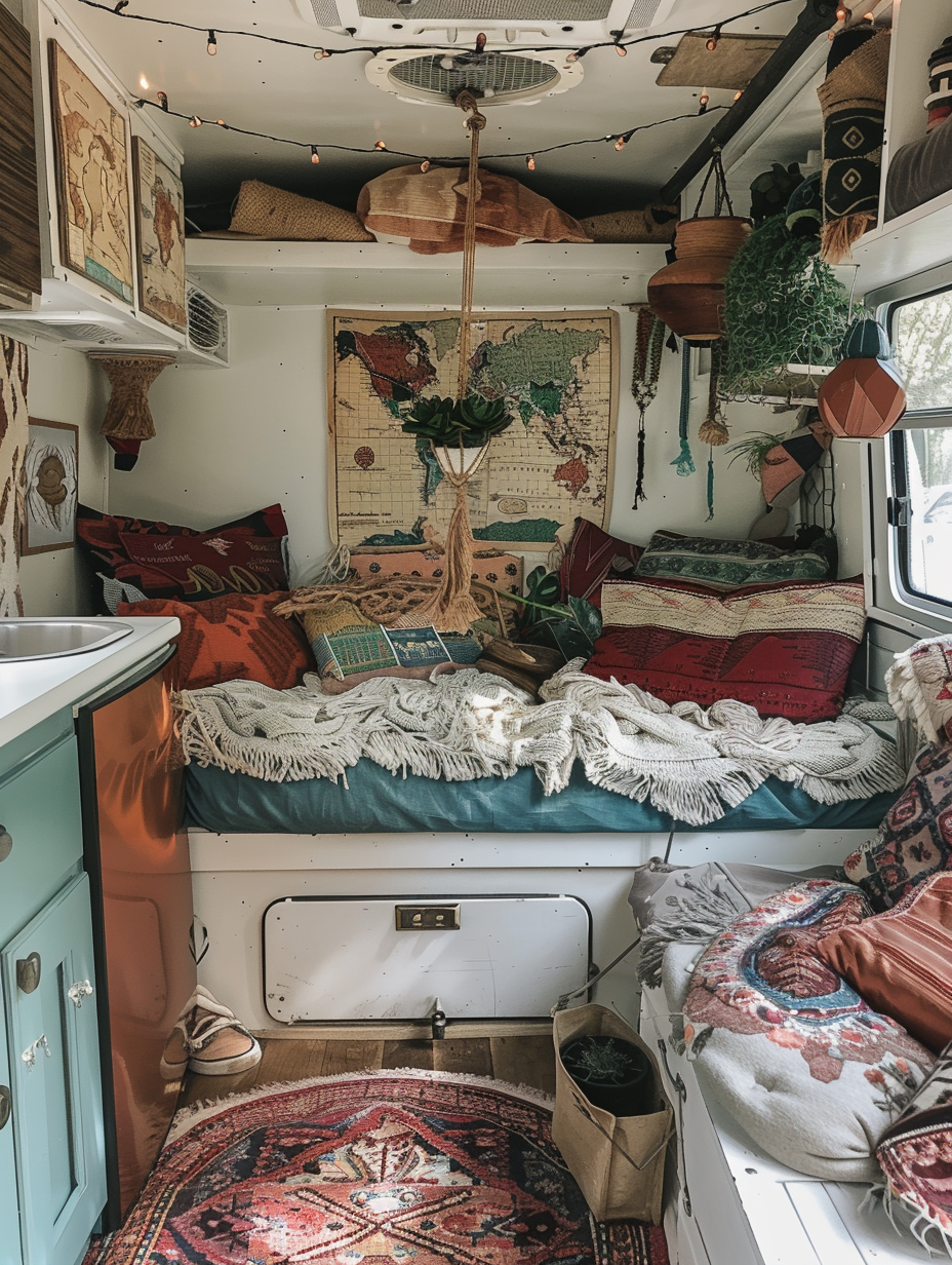 Boho design camper interior. Hanging macrame plant holder with vintage maps and fairy lights decorations, teal colored fold-out table with antiqued off-white cupboards, round ragged area rug with bright geometric patterns, cozy white sleeper nook with worldly pillows and burgundy bed cover, accented with copper verdigris RV sink and refrigerator.