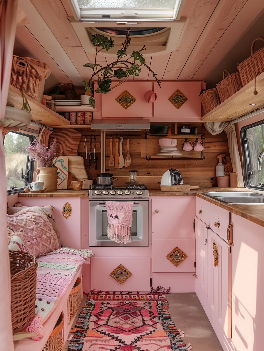 Interior view of a boho-designed camper. Pastel pink kitchenette with hard beechwood layers and entwined Aztec pattern rugs.