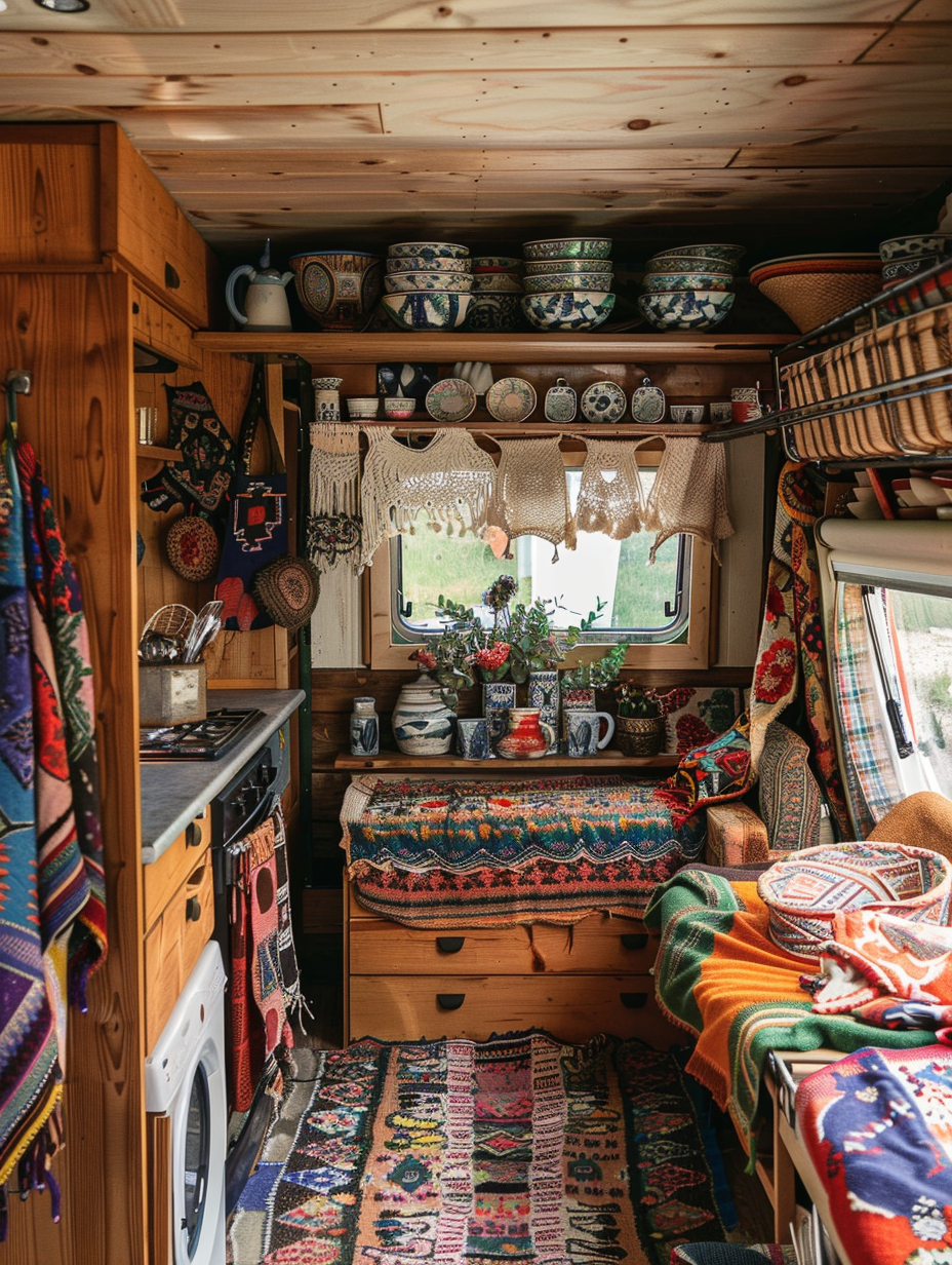 Boho Designed Camper. Macrame hangings and patchwork blankets with view of wooden-paneled kitchen laden with ceramic dishes.