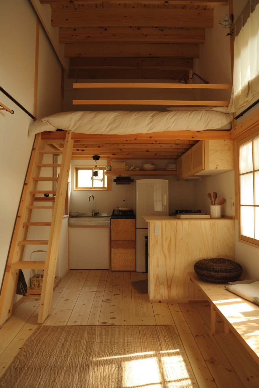 Japanese tiny house interior. Loft bed over minimalist kitchen with tatami mat floor.