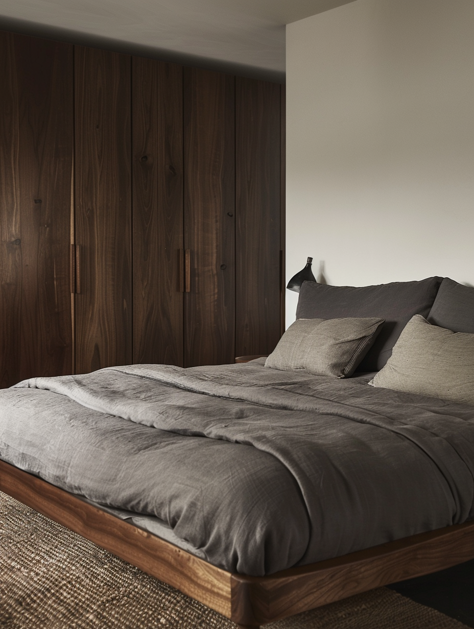 Home Bedroom. Sleek dark wood bed frame with soft grey cotton beddings paired with a mahogany-finished, well-sectioned wardrobe for organization.