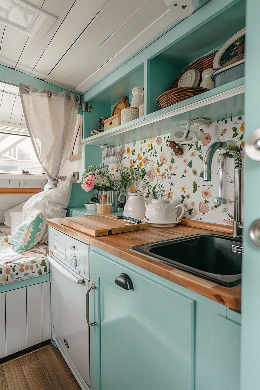 Small camper interior. Tiny kitchenette with pastel turquoise cabinets and polished wooden countertops