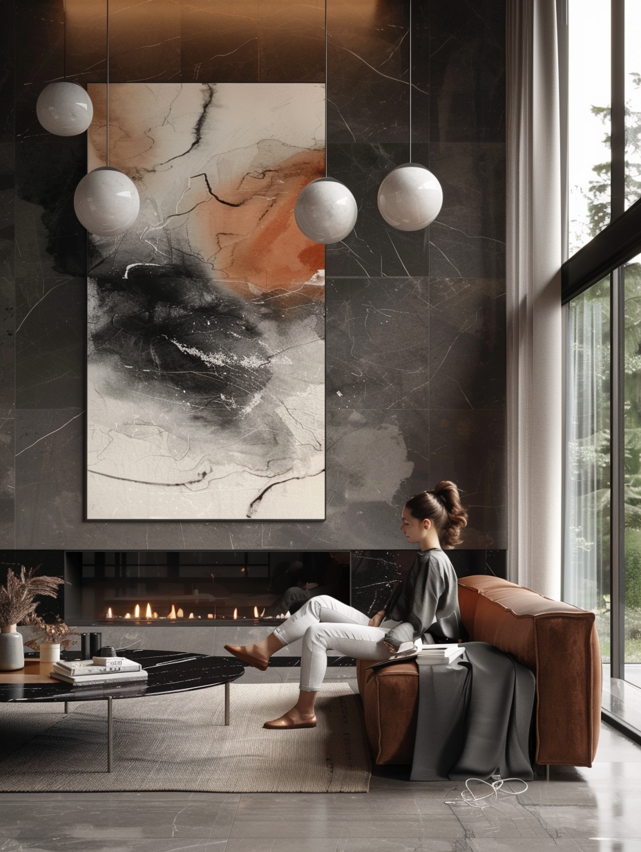 Interior design of a luxurious, modern living room. High ceiling with mid-century modern pendant lights and large abstract art placed over black marble gas fireplace.