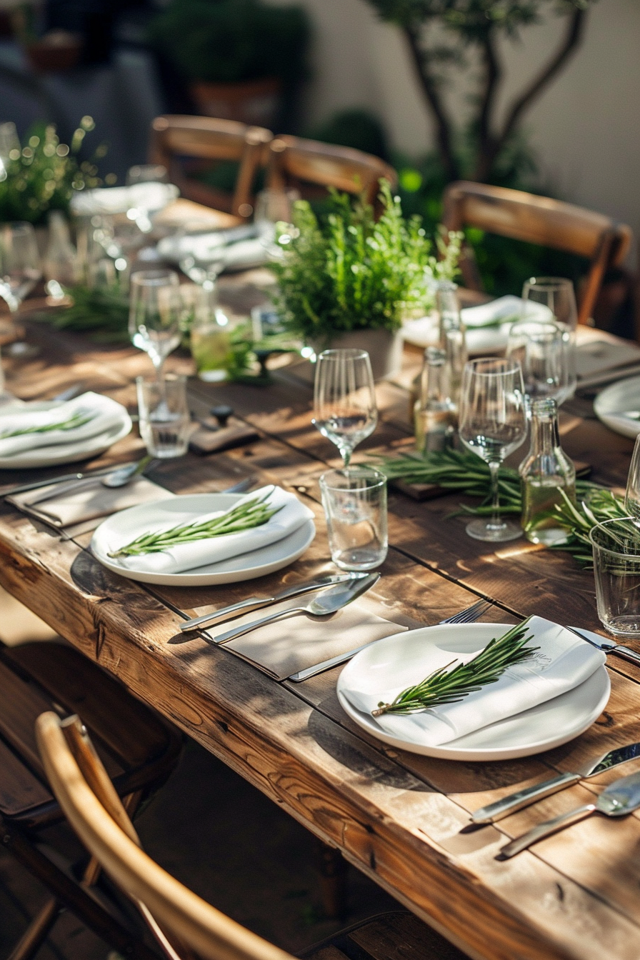 Backyard Dinner Party Table decor. Rustic wood table adorned with simple white dinner plates, refined silver cutlery, and sleek glass stemware set atop crinkled khaki linen, surrounded by green floral pickings in slim clear glass vases.