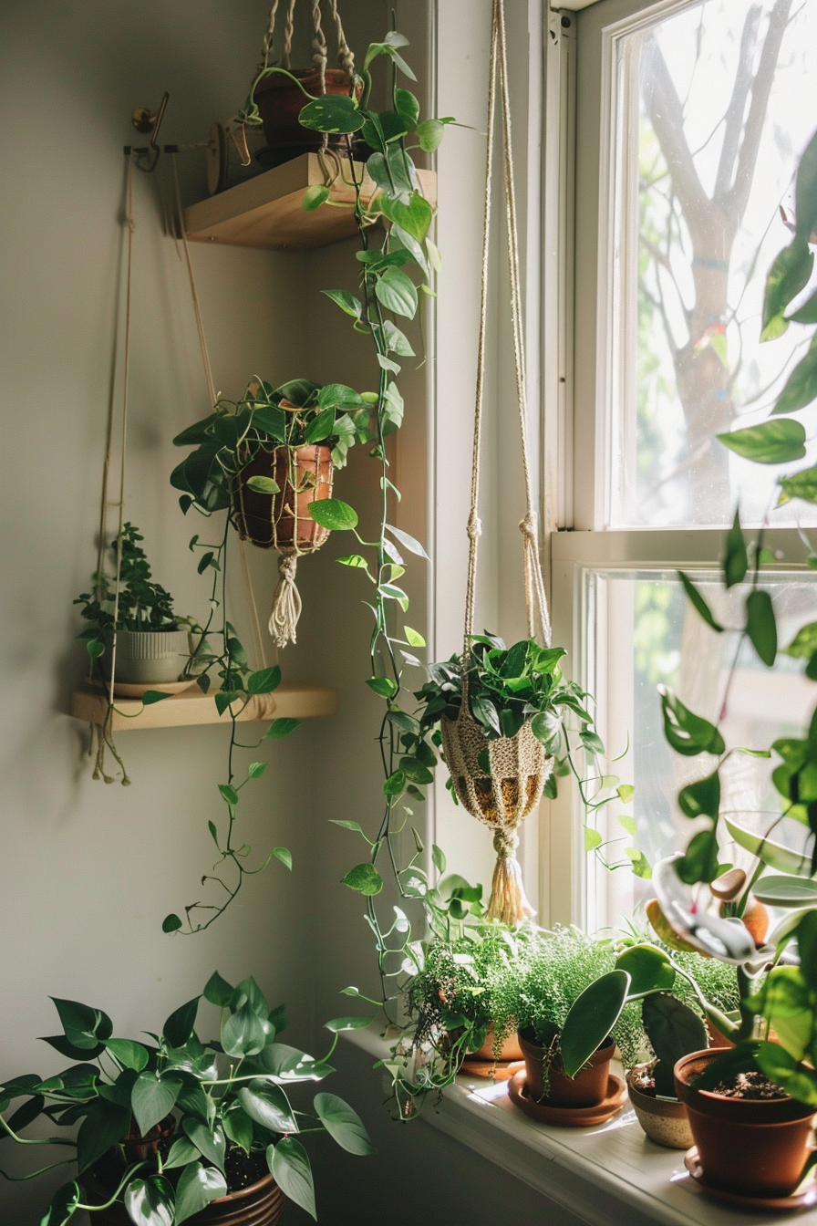 Boho bathroom. Hanging macrame shelves with numerous green indoor plants.