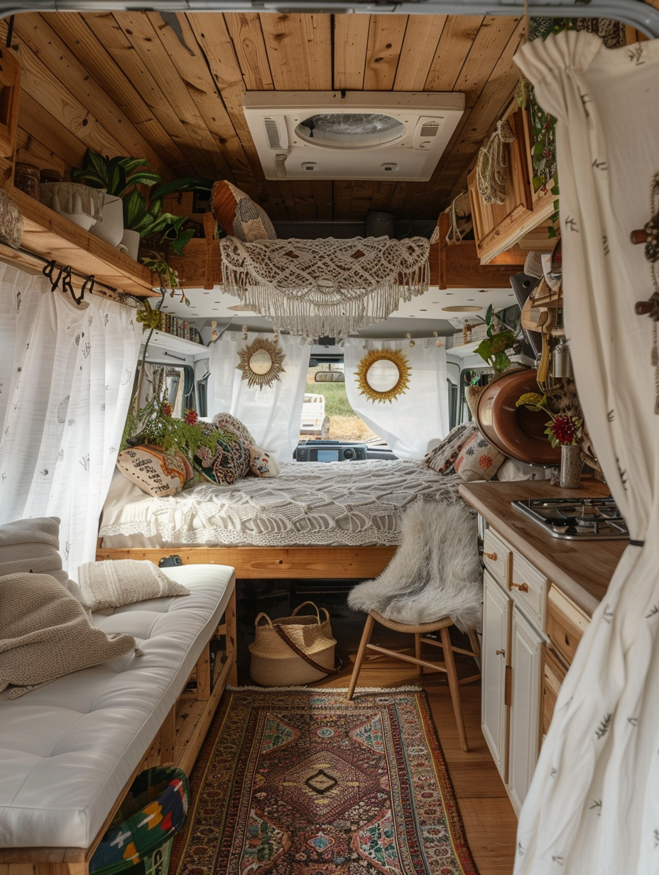 Boho designed camper interior. White curtains with organic patterns, sun-bleached wooden floor, pastel macrame tapestry on a wall, compact kitchen with copper finishes, cream-covered futon chair near a small classic rug, cozy loft bed below fairy lights, rising sun stitched cotton canvas embroidered above the driver's cabin.