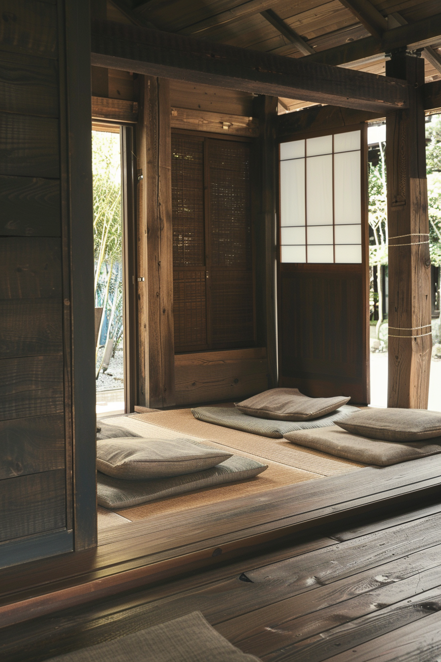 Interior of Japanese Tiny House. Minimalist dark wood finish with floor cushions.