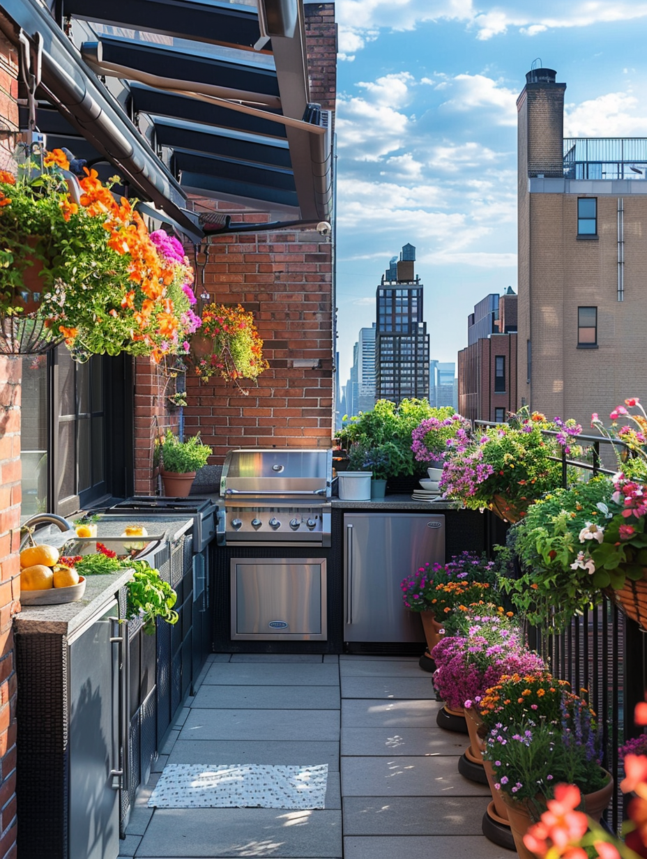 Small and beautiful Urban Rooftop. Outdoor kitchen with stainless steel appliances surrounded by vibrant flower baskets.