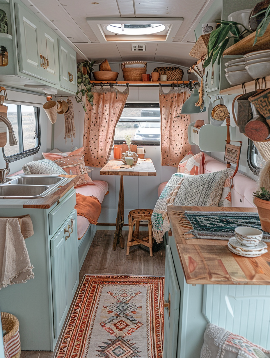 Interior view of boho camper design. Slate blue cabinets, pastel peach upholstery, Aztec patterned curtains, unfinished wooden table, and clamshell slipcovered pillows.