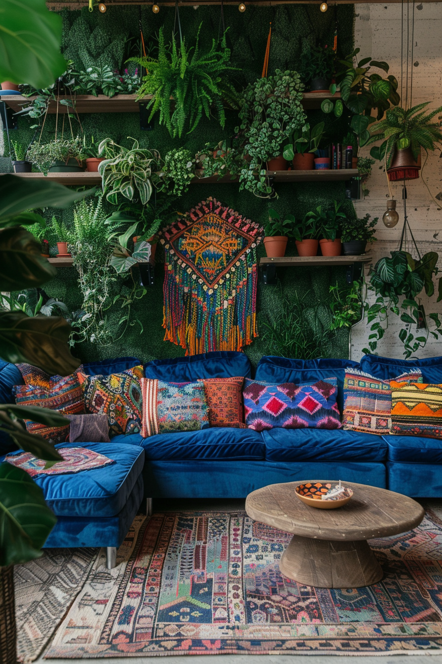 Boho designed living room. Grass wall installation adorned with vibrant, hung macrame wall hangings, juxtaposed against peacock blue sectional sofa with mismatched, multicolored moroccan scatter pillows. A low-profile teardrop coffee table rounded shape on a rug with geometric pattern. Wall leveled shelves with various indoor houseplants with bohemian themed decorated pots sitting on light natural wood shelves and wild overgrowths descending from ceiling to floor.