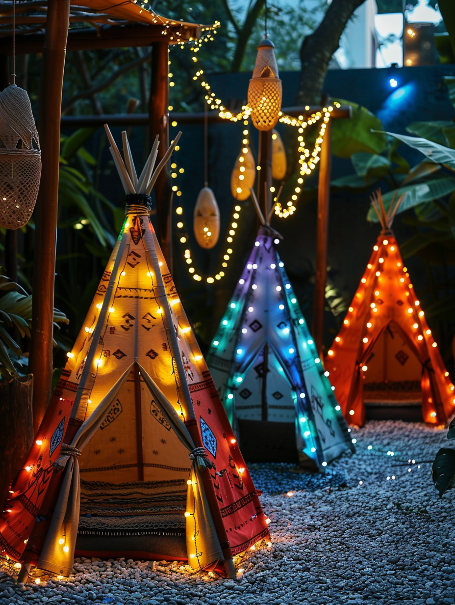 Boho themed party design. Indian teepees adorned with multicolored lights.