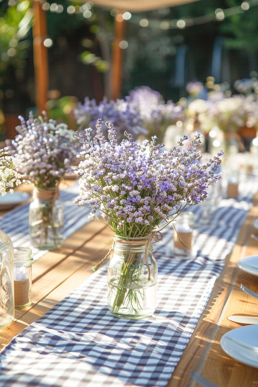 Backyard dinner party table decor. Rustic style setup with a centerpiece of lavender and baby's breath in mason jars on a gingham cloth runner.