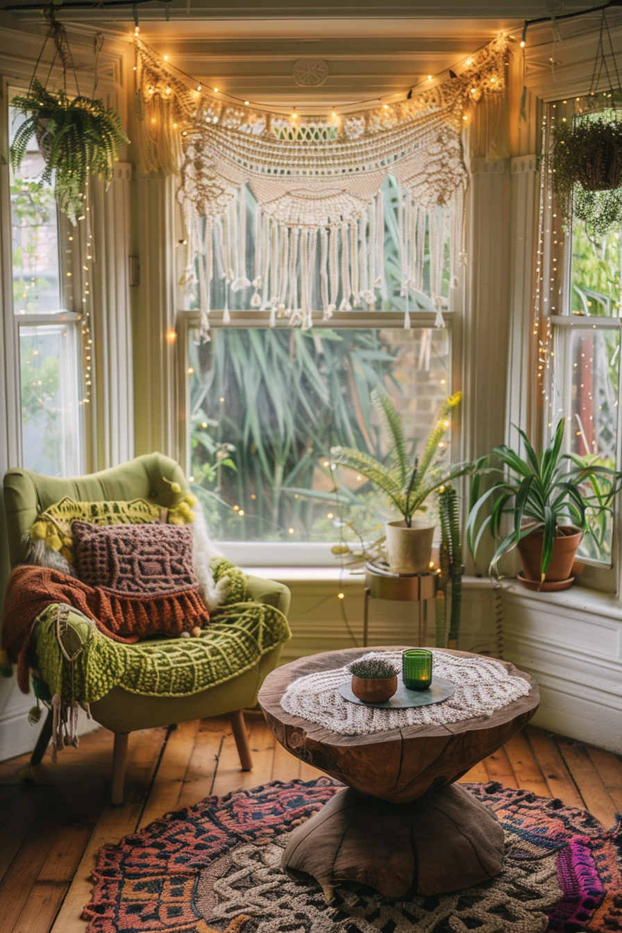 Boho designed living room. Rustic wooden coffee table, large bay window assembly covered with amber-colored string lights, an oversized lime green armchair in crochet pattern and an eye-catching wall installation made of various types of grasses and hanging potted plants.