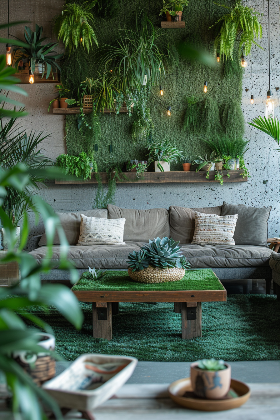 Boho living room design. Grass coffee table with lush green indoor plants scattered around and a wall installation with succulents and ferns.