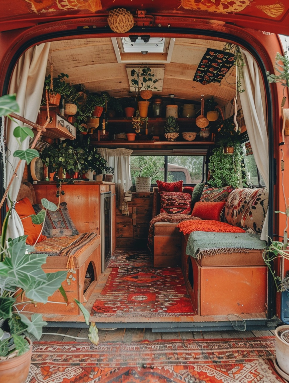 Boho camper design. Rusty red exterior with colored throw rugs and hanging plants inside.