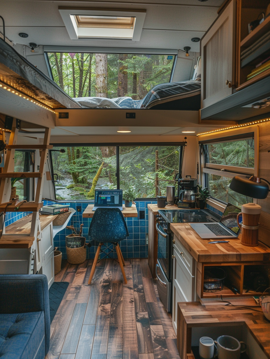 Interior of an RV for remote working and living. A large  wrap-around window revealing a forest view, desk facing towards the sight, laptop with digital pen, ergonomic chair, convertible sleeping area, miniature kitchen decorated with blue tiles, and wooden stairs leading to a loft with skylights.