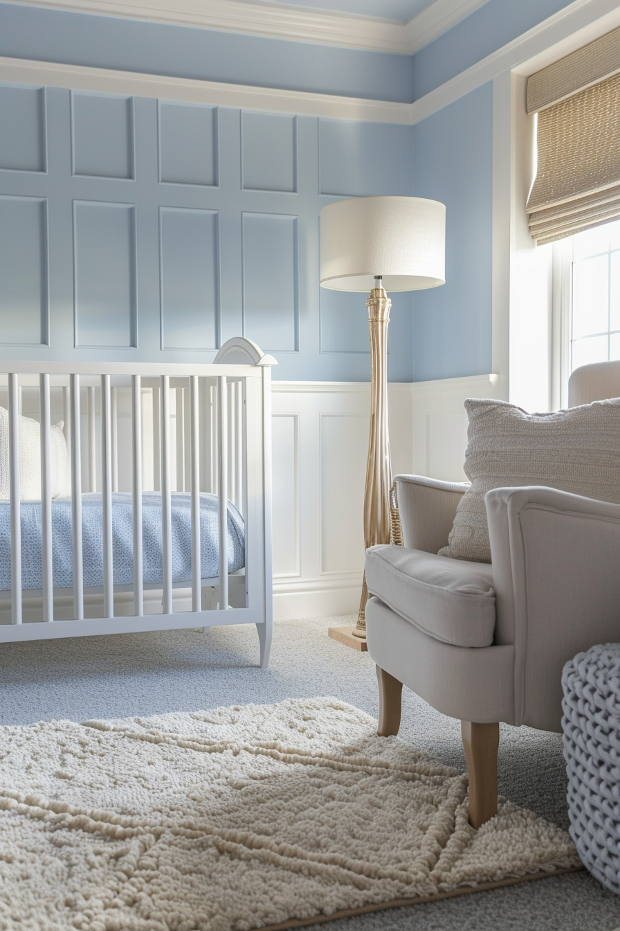 Modern interior, baby boy nursery room. Neutral tones, set against a pastel blue backdrop.