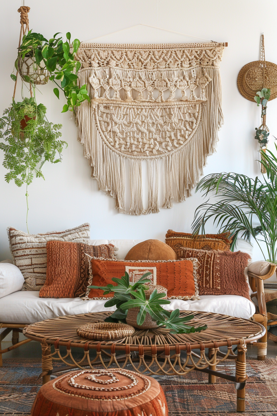 Boho-designed living room. Macrame wall hanging, rattan coffee table, terracotta colored cushions, grass and variety of plants wall installation, all against off-white washed walls.