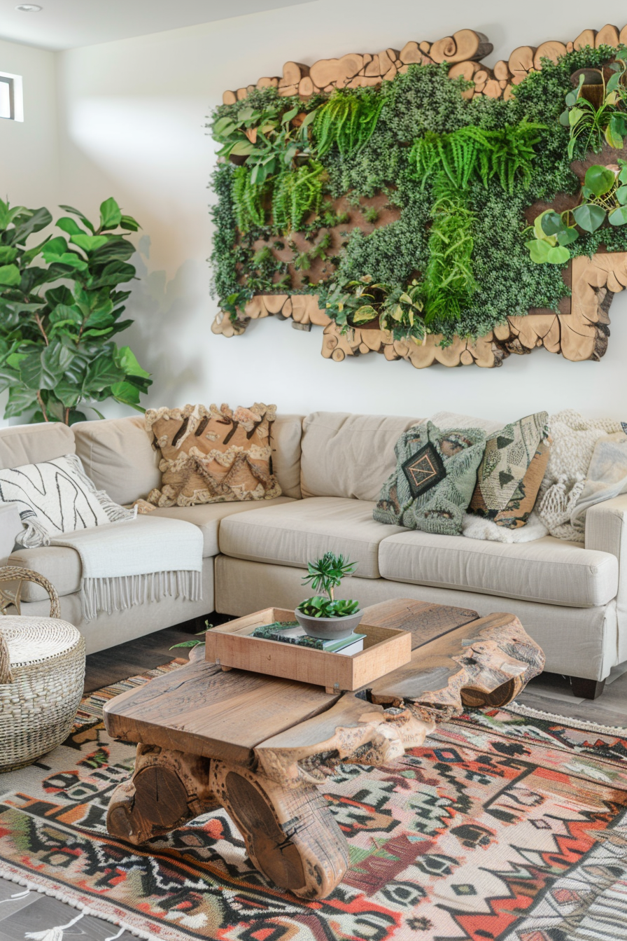 Boho designed living room. Reclaimed wood coffee table, weathered beige sectional sofa, Aztec printed area rug, and grassy green botanical wall installation.