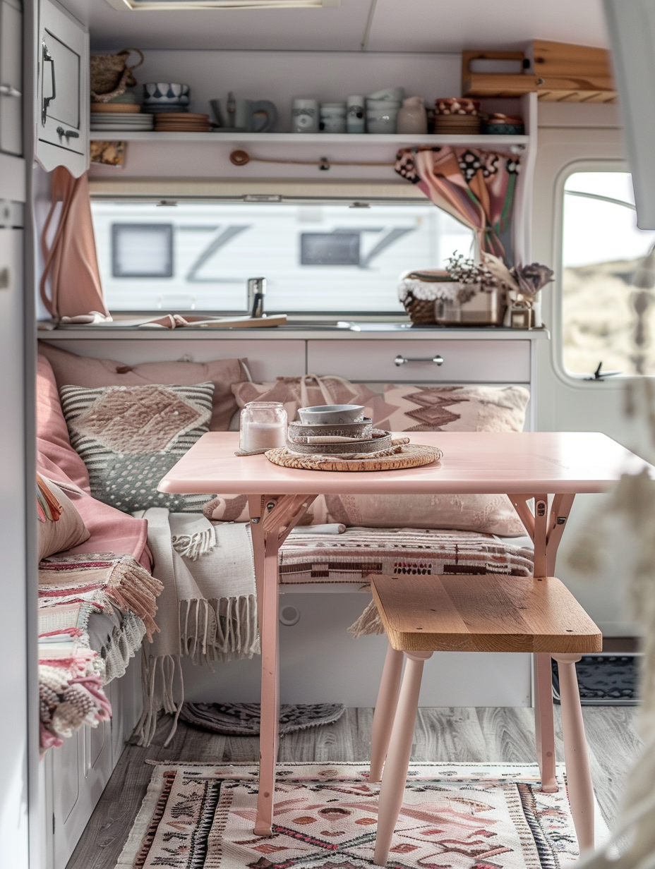 Interior view of boho camper. A pastel pink folding table with Aztec-pattern cushions thrown on top on a light-grey, washed oak flooring.