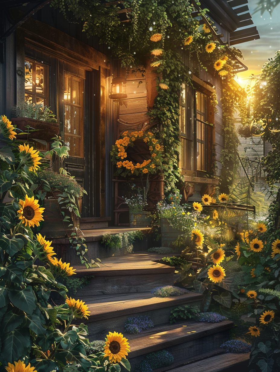 Small and beautiful Urban Rooftop. Sunflower garden interspersed with hanging plants against weathered stoop backdrop at dusk.