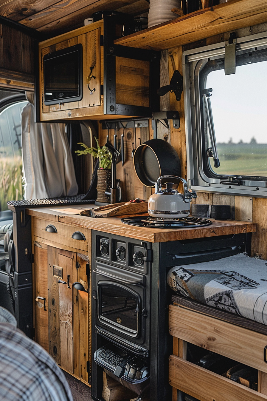 View of a small camper interior. Corner kitchenette with cast iron stove