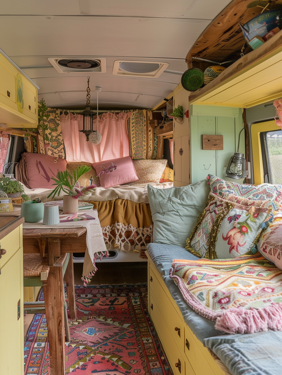 Interior view of boho camper. Light grey fabric sofa decorated with Aztec design cushions in pastel pink and seafoam green, with a natural pine wood dining table sitting beside it. Natural Persian-style interior rugs cover the majority of the van flooring. Simple, wooden kitchen area painted in pastel yellow. A bed layered with a mix of paisley print and organic cotton sheets