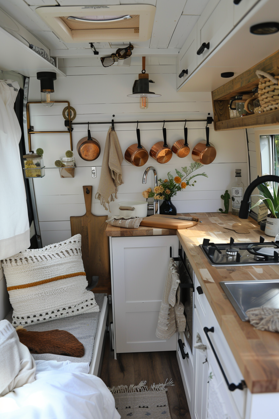 Small camper interior. Tiny kitchen with hanging copper mugs.