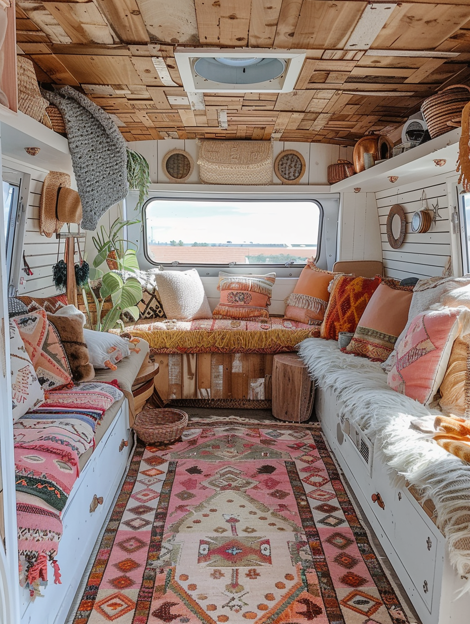 Interior view of camper. Pastel colored boho design with woven Aztec-inspired rugs and cushions.