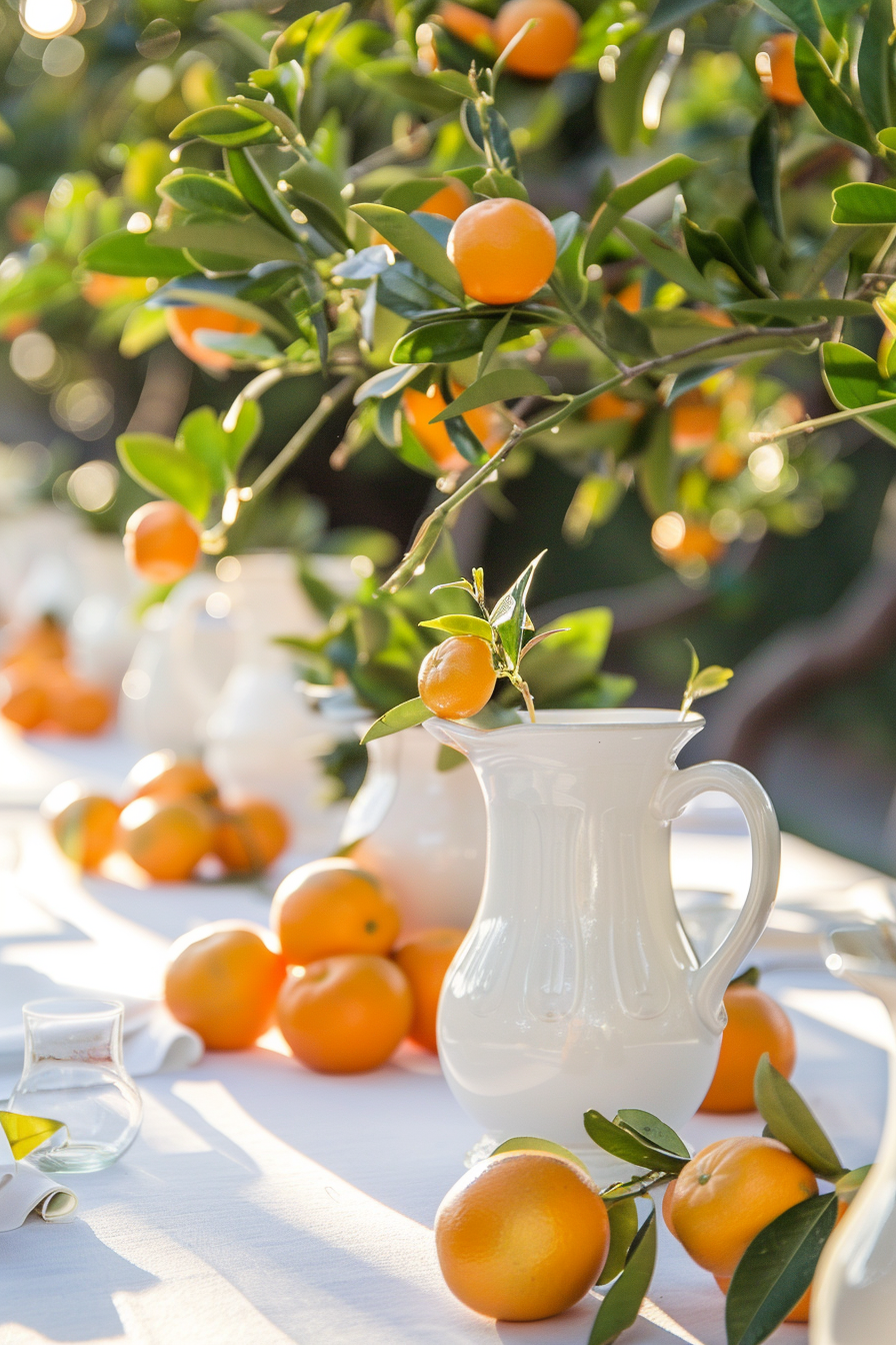 Backyard dinner party table decor. Orange grove-themed centerpiece with white ceramic pitchers.