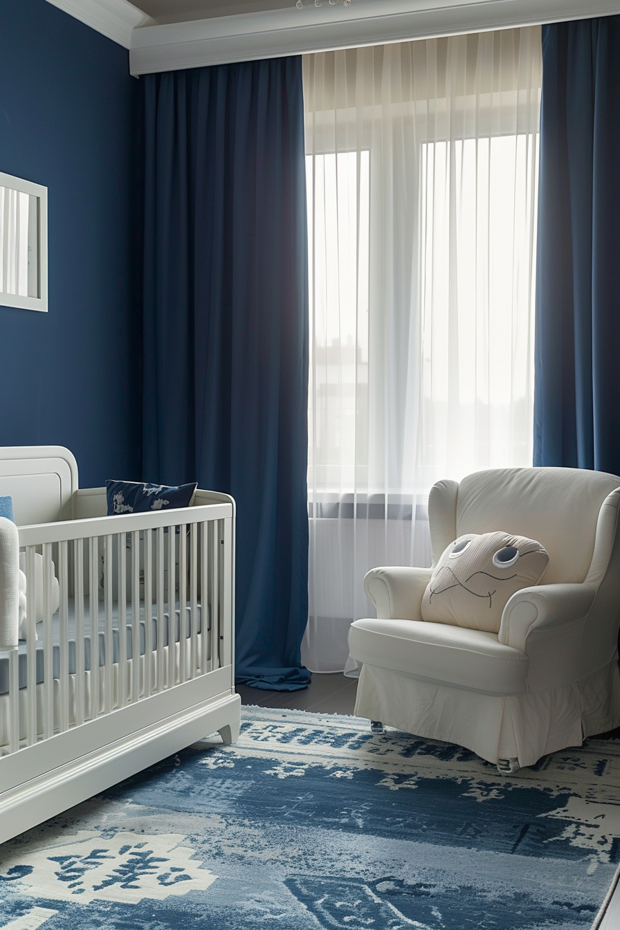 Modern baby boy nursery room. Wide-view, deep-blue themed with white minimalist furnishings.