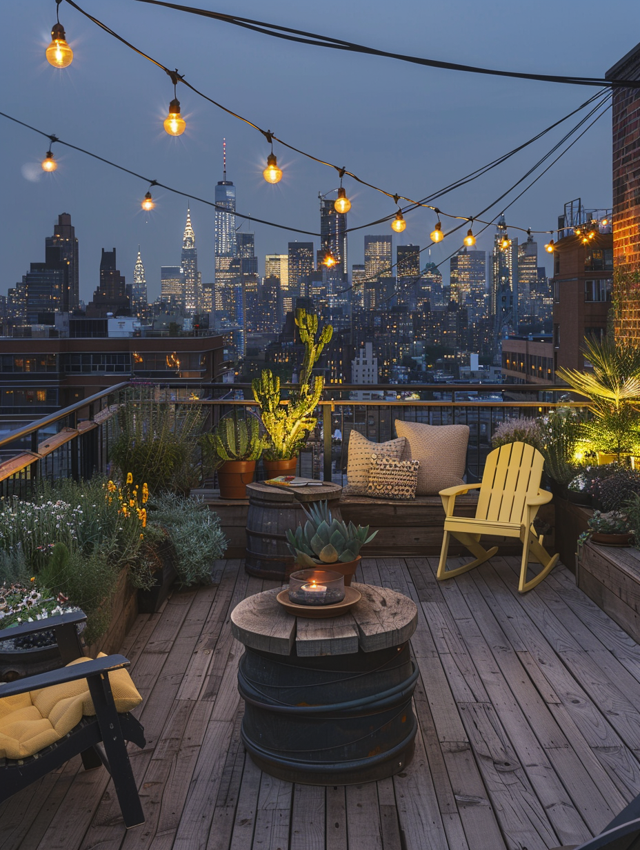 Small and beautiful Urban Rooftop. Wooden deck floor, raised garden beds bearing succulents along the perimeter, serveral potted palms, trailing ivy off railings, soft globe string lights, two Adirondack chairs with yellow cushions, repurposed industrial spool as coffee table, view of sweeping city skyline at twilight.