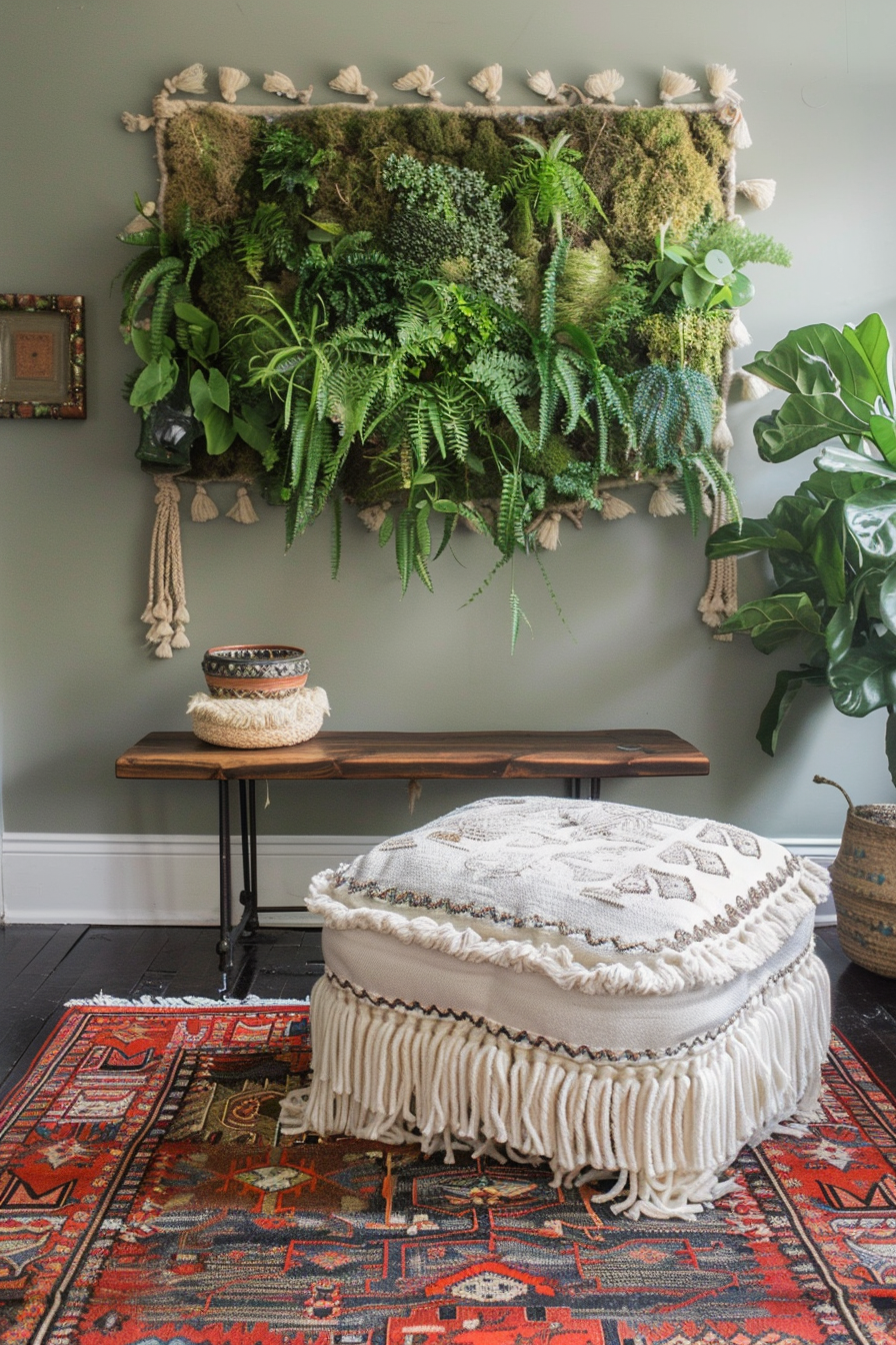 Boho designed living room. A white, tassel edged ottoman and warm-hued, vintage moroccan rug on a dark hardwood floor, backed by a fern and moss-green living wall installation.