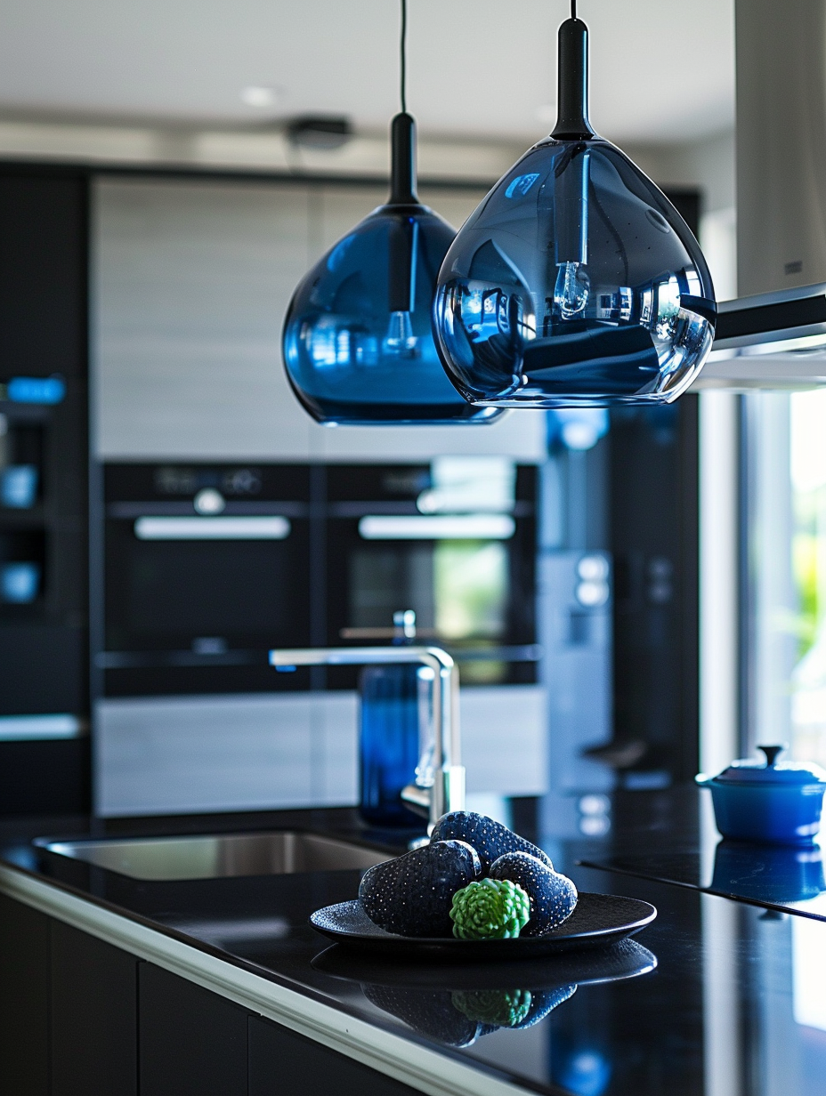 Blue kitchen. Black countertop with blue hanging lights.