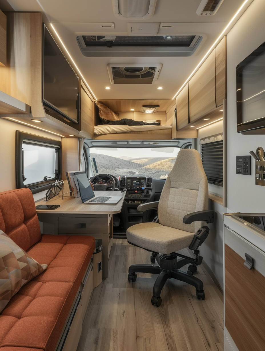 Interior of an RV for remote working and living. Loft style office space in the rear with a large desk, ergonomic chair, secondary monitor, beneath a secured hanging bed with white cotton beddings. Kitchen unit with light wooden cabinets, granite countertop, stainless steel fridge and a built-in compact foldable dining table for two on the opposite side. Midsection featuring a compact bathroom with glass door shower unit, sink in white ceramic and a mirror cabinet. The open lounge area with claret red plush sofa-cum-bed, dropdown smart TV and organic fabric curtains over a wide window on the side. The front driving area with grey upholstery and latest dashboard tech, retracting camouflage screen dividing it from the living space. Perfect mix of recessed and natural lighting emphasizing the soft beige color palette and solid light hardwood flooring throughout.