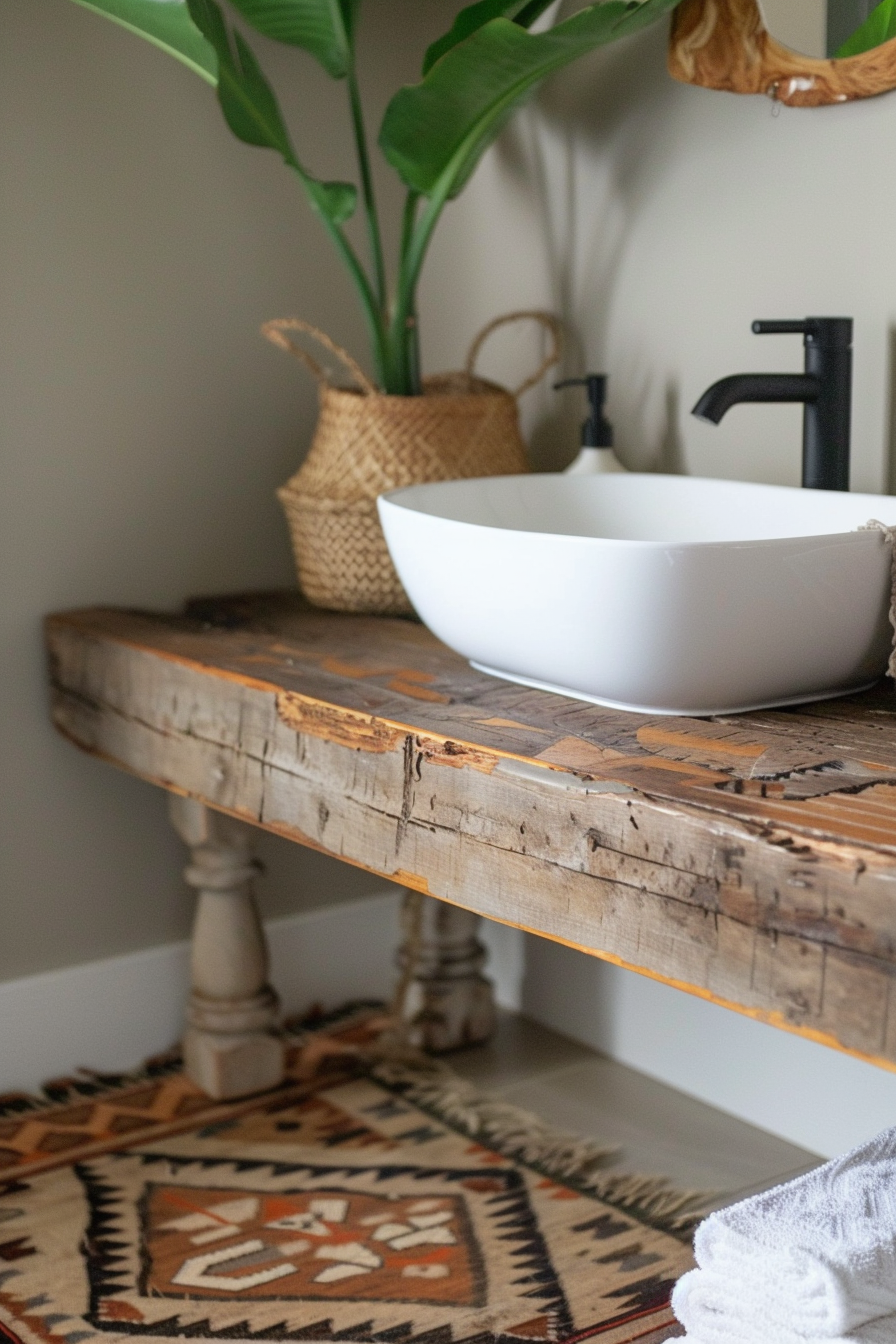 Earthy Boho Bathroom. Peruvian geometric rug, reclaimed wood vanity with white vessel sink