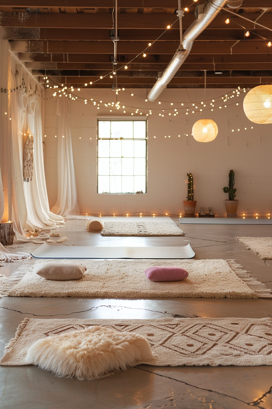 Yoga studio. White shag-rugs, pastel-colored yoga mats and fairytale lights hung over warm antique wooden equipment.