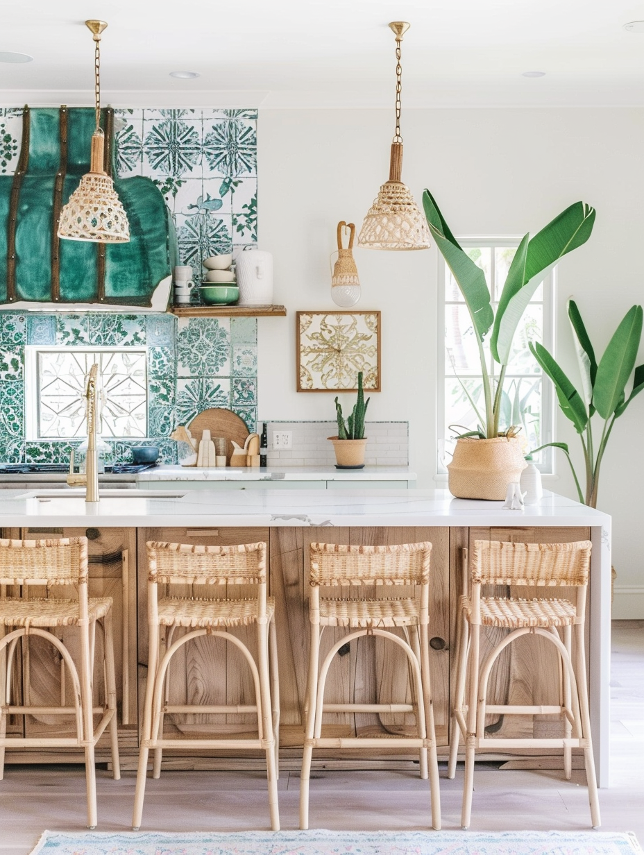 Boho kitchen. Reclaimed wood barstools, marble countertops, brass light fixtures, Moroccan wall tiles in turquoise and white design, woven baskets as storage, large leafy houseplant in a corner.