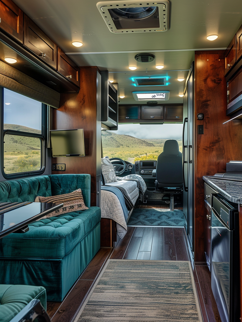 Interior of an RV dedicated for remote working and living. mahogany workstation mounted beside the motorhome's wide window offering a panoramic view of the surrounding environment. The open-living area is equipped with a comfortable teal-colored couch, folding table for dining or extra workspace, bronze utility shelves, compact white kitchen appliances, contrasted by black sleek marble countertops. At one end of the RV, a minimalist sleeping area featuring a built-in double bed with built-in drawers underneath for additional storage, while white retractable privacy blinds regulate the natural light filters through the RV's multiple compact yet ample windows. The inside is illuminated by hidden LED strips providing a soft white light complementing the light birchwood paneling of the RV walls. Prominently displayed against one wall is a mounted large touchscreen for meetings or entertainment while not obstructing the picturesque view from the windows this side of the motorhome. The layout exudes a sense of work-life balance “on the go”.