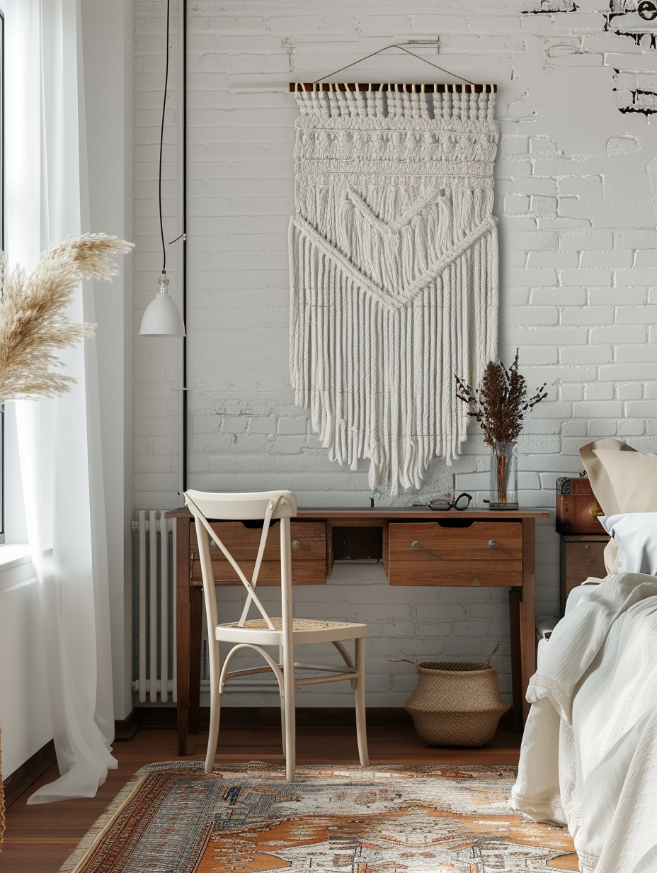 Loft bedroom interior. White macrame wall hanging above a vintage wooden desk with eclectic decor.