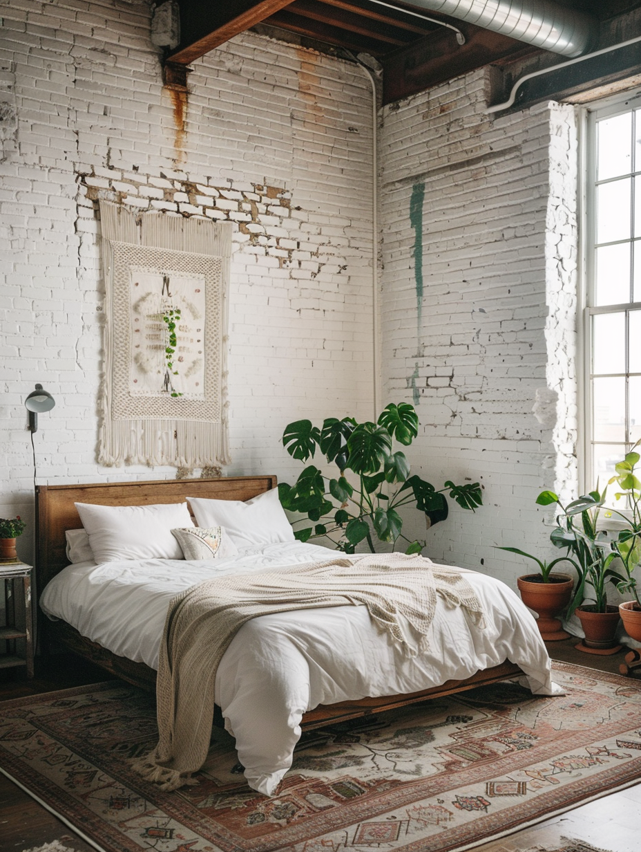 Loft bedroom interior, boho chic style. Wide view of a bedroom showcasing a low-platform bed with robust wooden frame, vintage faded rugs scattered on bare hardwood floors, thriving potted indoor plants evenly distributed across the room, wispy macrame hanging near the wide windows letting in an plenty of natural light, Mourning jewel artwork hanging on the white painted brick walls.