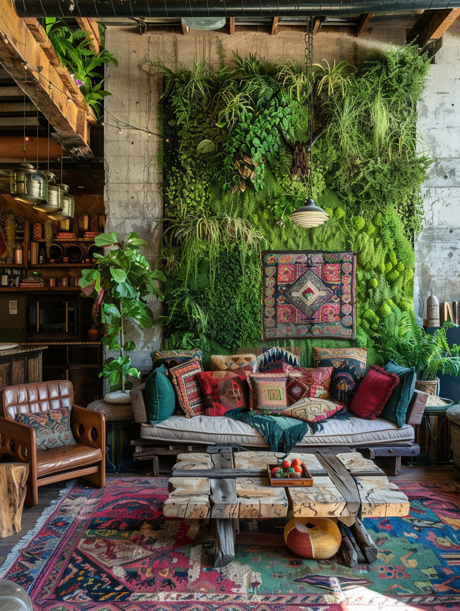 Boho Living Room. Incorporated green wall of living grass, completed with rustic wood furniture, colorful Moroccan-style rugs and eclectic psychedelic wall tapestries