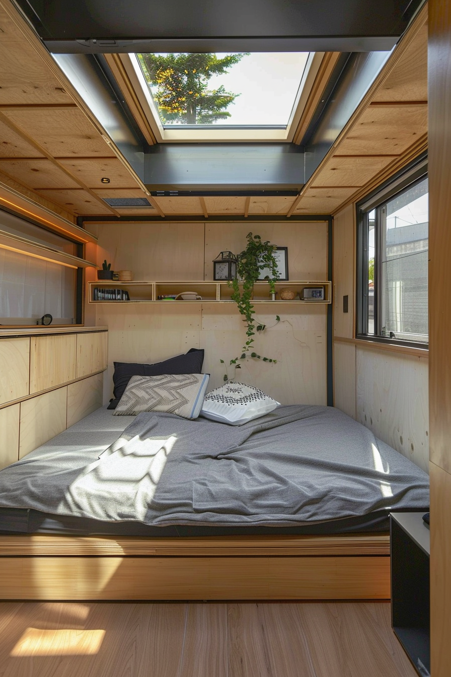 Interior of Japanese Tiny House. minimalist grey and bamboo lofted bedroom with skylight.