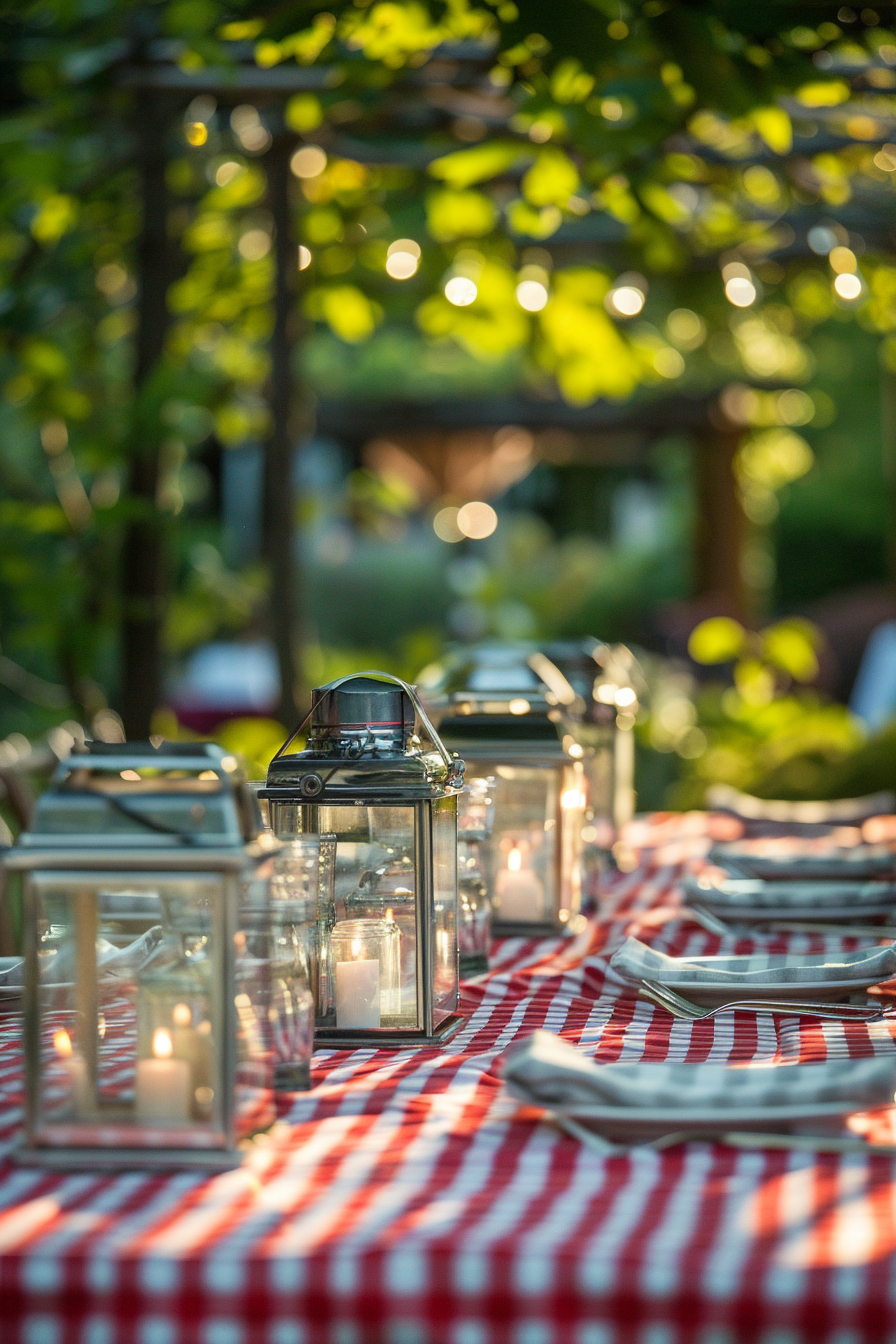 Backyard dinner party table decor. Red-checkered tablecloth with glass hurricane lanterns.