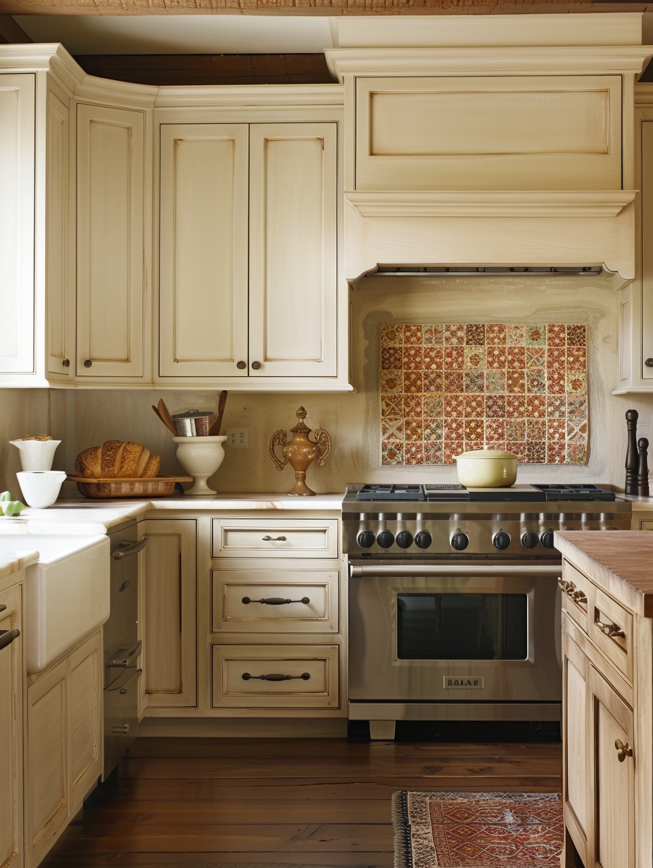 Boho Kitchen. Cream cabinets with terracotta Moroccan tiles.